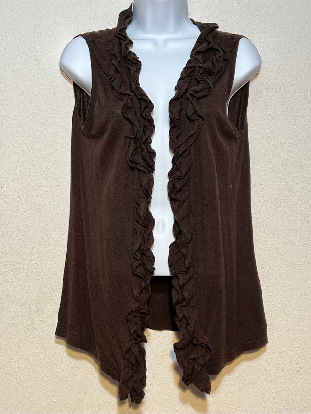 August Silk Open Front Sleeveless Ruffle-Trim Brown Vest